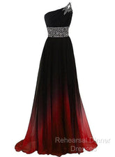 Black And Red Gradient Chiffon One Shoulder Beaded Party Dress, Cute Junior Semi Formal Prom Dress